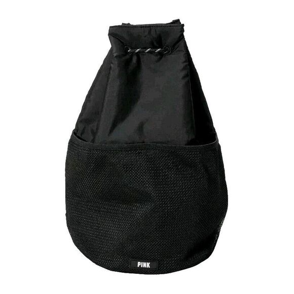 Pink Victoria Secret Black Drawstring Backpack Bag Outter Mesh Pockets 14x16 NWT - Picture 1 of 2